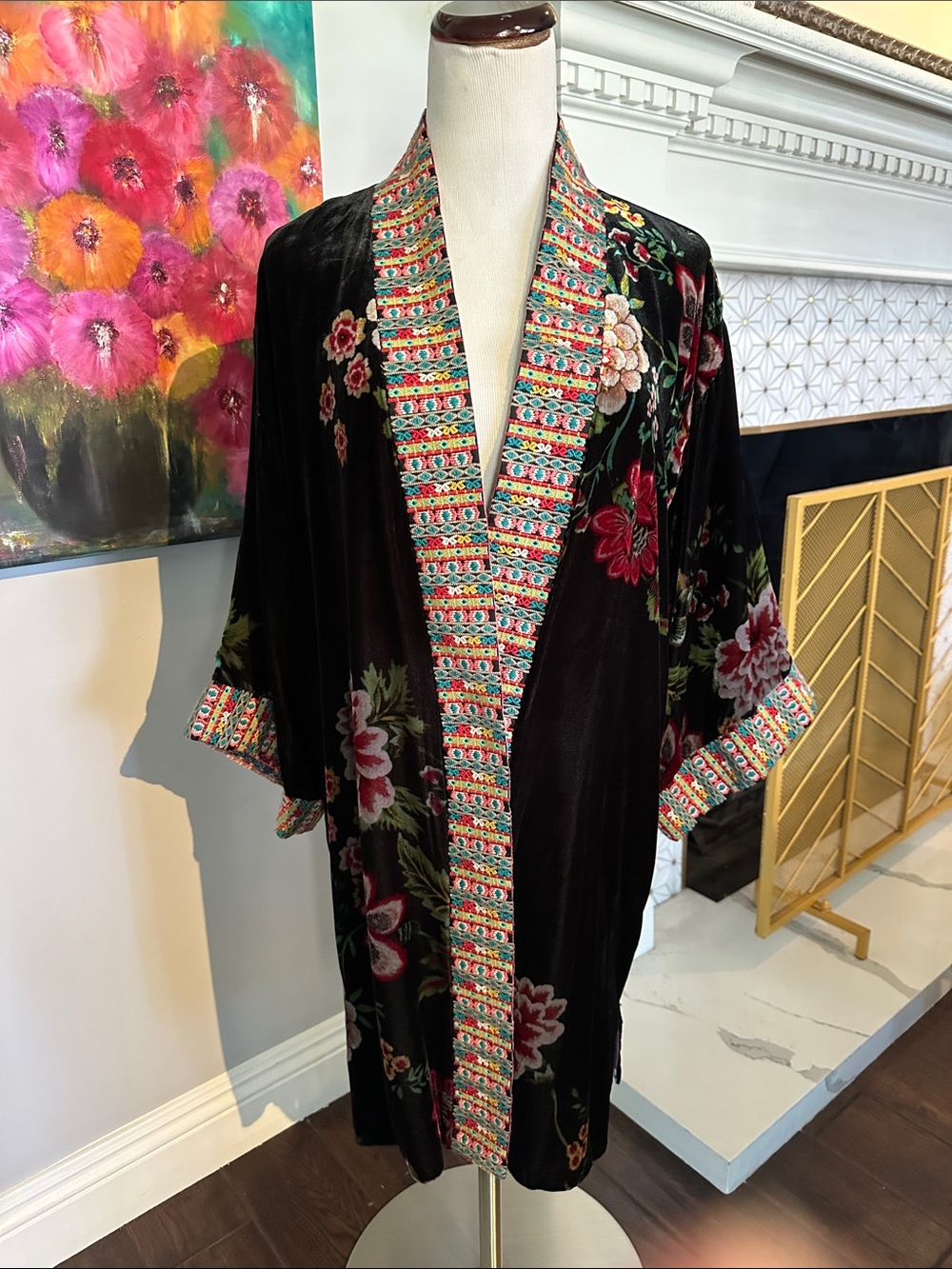 Johnny Was Black Floral Velvet Kimono with Multicolor Embroidered Trim